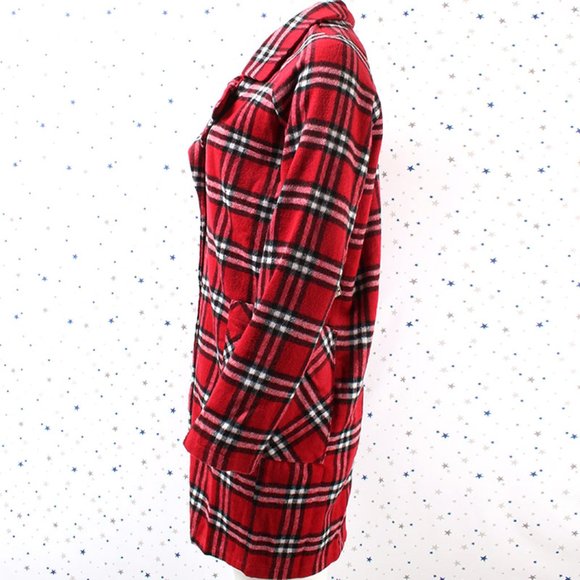 Single Breasted Plaid Pea Coat Jacket Red/Black - Picture 6 of 8